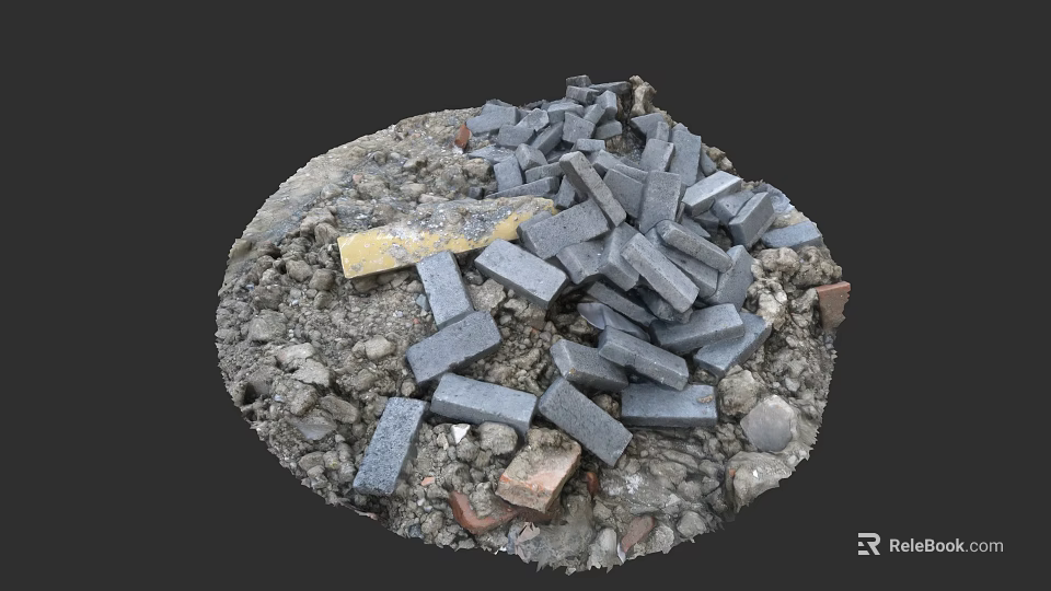 Broken Gray Floor Tiles Mixed With Gravel And Soil On Construction Site 3d model 