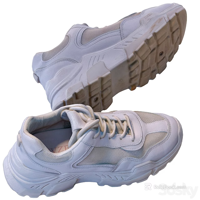 White Fashion Sneakers With Thick Sole Mesh Upper And Lace Up Design 3d model 