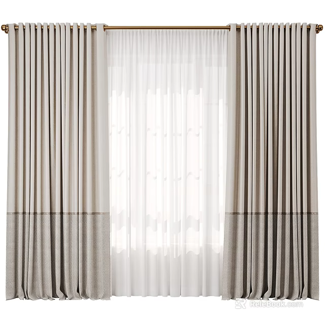 Double Layer Curtains With Neutral Striped Fabric And White Sheer Light Filtering Panels 3d model 