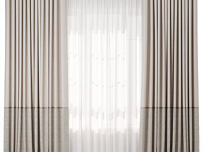 Double Layer Curtains With Neutral Striped Fabric And White Sheer Light Filtering Panels 3d model