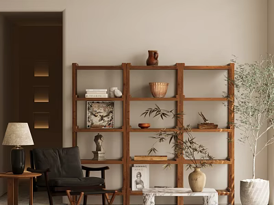 Wooden Display Shelf with Clay Pots Baskets Books Sculptures and Plants in Cozy Home Interior 3d model