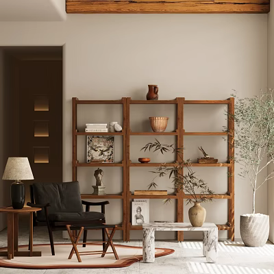 Wooden Display Shelf with Clay Pots Baskets Books Sculptures and Plants in Cozy Home Interior 3d model
