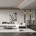 Modern Living Room Interior Design With White Sofa Geometric Art Green Plant And Marble Floor
