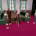 Group of Uniformed Characters in Room with Green Sofas Red Carpet and Wall Painting