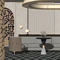 Modern Style Lounge Area With Gray Sofa Side Table Flowers Geometric Wall And Pendant Lights