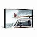White Van With Surfboard On Roof Against Ocean And Sky View