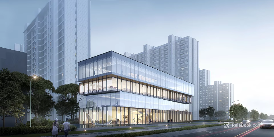 Modern Glass Curtain Wall Sales Office Building In Urban High Rise District With Soft Evening Lighting 3d model 