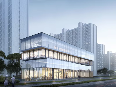 Modern Glass Curtain Wall Sales Office Building In Urban High Rise District With Soft Evening Lighting 3d model