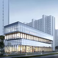 Modern Glass Curtain Wall Sales Office Building In Urban High Rise District With Soft Evening Lighting