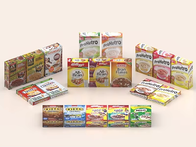 Various Branded Cereal Boxes With Different Flavors And Colorful Packaging Designs 3d model