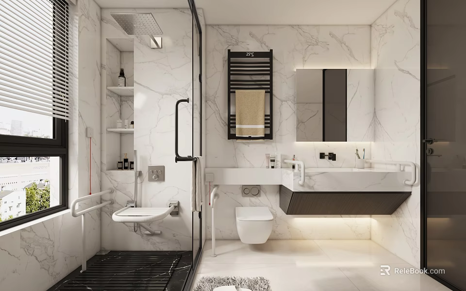 Modern Bathroom Interior Design with Marble Walls Glass Shower Toilet Vanity And Mirror 3d model 