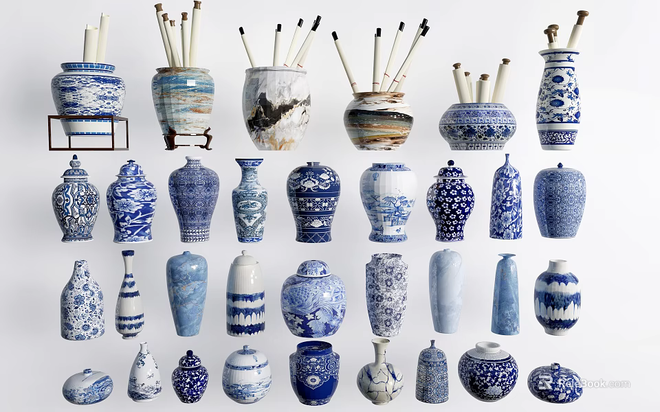 Assorted Blue and White Ceramic Vessels with Traditional Decorative Patterns and Different Shapes 3d model