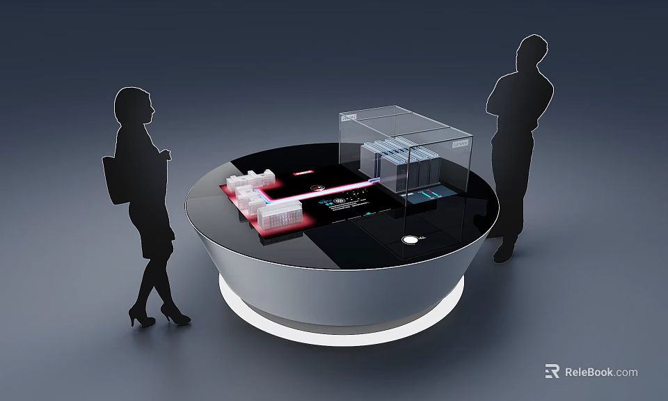 Modern Circular Display Table Design With Models Transparent Case And Silhouettes 3d model 