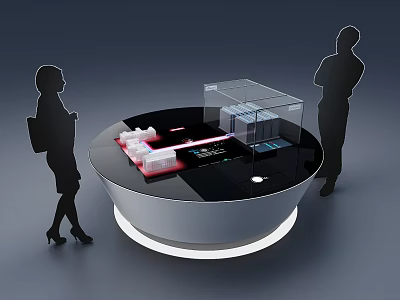 Modern Circular Display Table Design With Models Transparent Case And Silhouettes 3d model