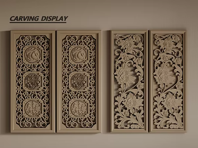 Wooden Carving Display with Decorative Panels Featuring Floral Patterns and Circular Designs 3d model