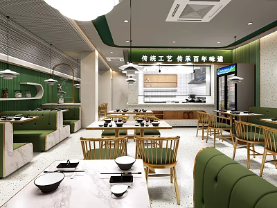 Traditional Craft Restaurant Interior With Green Seats Wooden Tables Marble Countertops And Bright Open Layout 3d model