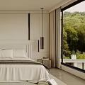 Minimalist Bedroom Interior With Large Window Wooden Floor And Decorative Painting