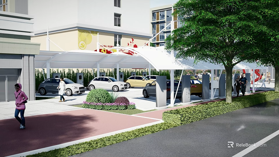 Municipal Road With Covered Parking Canopy Landscaped Areas Parked Cars And Pedestrians 3d model 