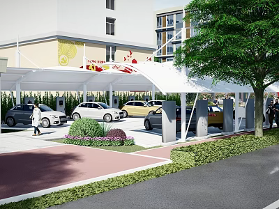 Municipal Road With Covered Parking Canopy Landscaped Areas Parked Cars And Pedestrians 3d model