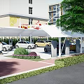 Municipal Road With Covered Parking Canopy Landscaped Areas Parked Cars And Pedestrians