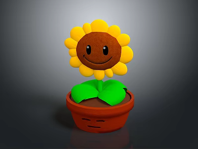 Cartoon Sunflower Potted Plant Featuring Smiling Face Yellow Petals Green Leaves And Brown Pot 3d model
