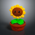Cartoon Sunflower Potted Plant Featuring Smiling Face Yellow Petals Green Leaves And Brown Pot