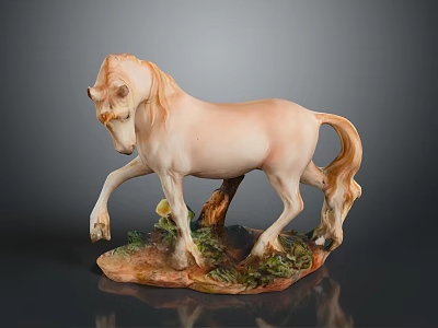 Ceramic Horse Statue In Beige Pink Color With Lifted Front Leg And Green Grass Base 3d model
