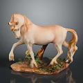 Ceramic Horse Statue In Beige Pink Color With Lifted Front Leg And Green Grass Base