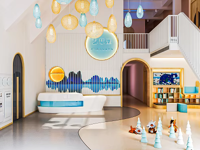 Kindergarten Interior with Hanging Lanterns Wavy Blue Decorative Wall White Sofa Bookshelves and Toys 3d model