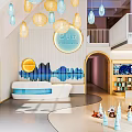Kindergarten Interior with Hanging Lanterns Wavy Blue Decorative Wall White Sofa Bookshelves and Toys