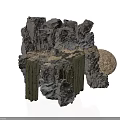 Modern Rock Landscape Sculpture With Green Mossy Structures And Textured Surfaces