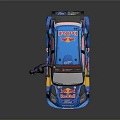 Blue Ford Racing Car With Red Bull Logo And Sponsor Stickers Beside Figure