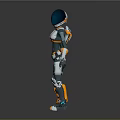Futuristic Game Movie Character Armored Female With Tech Suit Orange Accents And Blue Orb