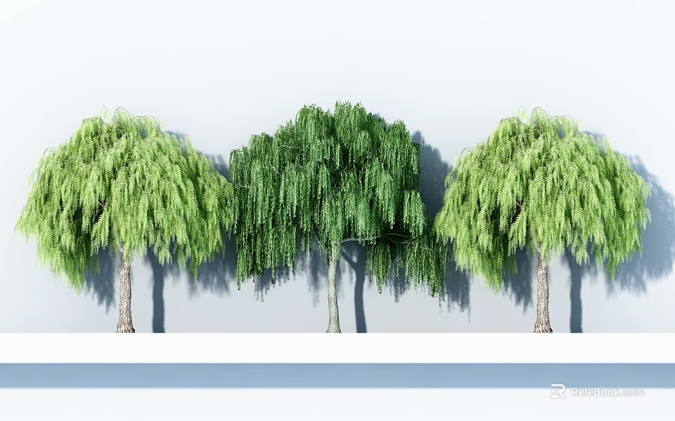 Green Arbor Trees With Lush Weeping Willow Foliage And Brown Trunks 3d model 
