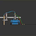 Blue Toy Train Model On Long Track With Colorful Wires And Small Accessories
