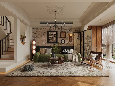 Elegant Modern Living Room Interior With Green Sofa Wooden Floor Chandelier And Rug 3d model