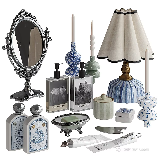 Ornamental Decor Set Including Antique Mirror Ceramic Candlesticks Table Lamp And Perfume Bottles 3d model 