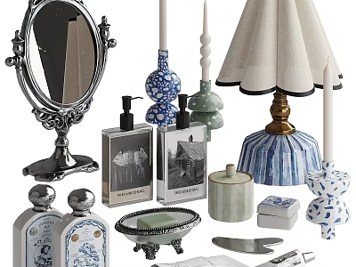 Ornamental Decor Set Including Antique Mirror Ceramic Candlesticks Table Lamp And Perfume Bottles 3d model