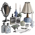 Ornamental Decor Set Including Antique Mirror Ceramic Candlesticks Table Lamp And Perfume Bottles