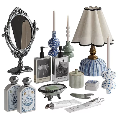 Ornamental Decor Set Including Antique Mirror Ceramic Candlesticks Table Lamp And Perfume Bottles 3d model
