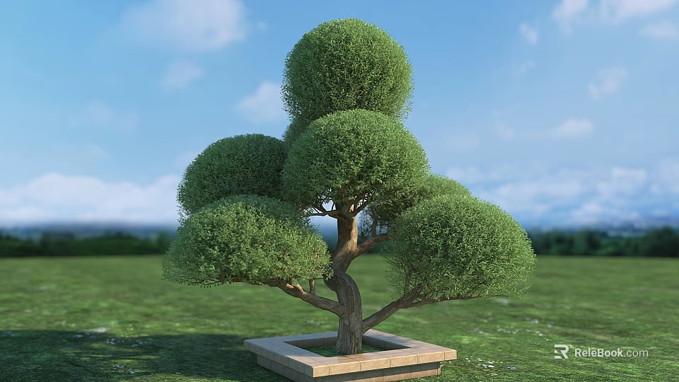 Topiary Arbor with Round Canopies in Square Stone Planter on Green Lawn Under Blue Sky 3d model 