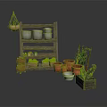 Rustic Wooden Shelf Display With Metal Buckets Clay Pots Green Plants And Garden Cart