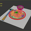 Delicious Fried Noodles With Vegetables Served On Red Rimmed Plate With Chopsticks And Sauce Bowl