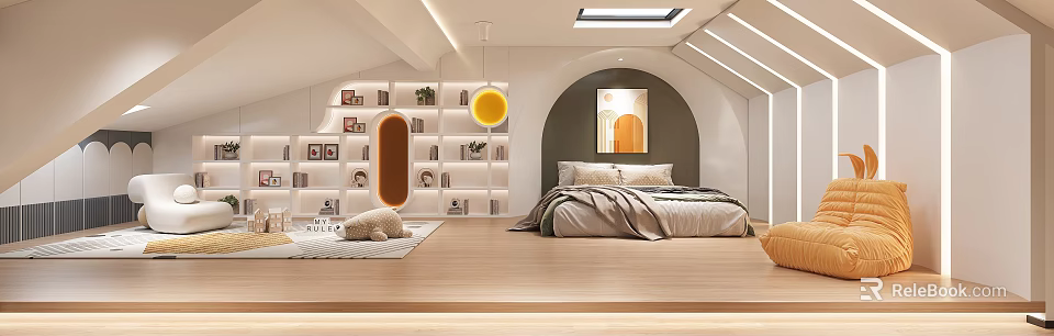 Loft Bedroom Interior Design With Skylight And Bookshelves 3d model 