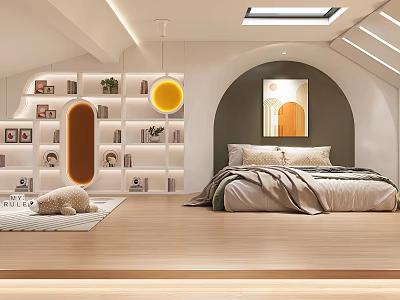 Loft Bedroom Interior Design With Skylight And Bookshelves 3d model