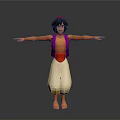 3D Character Model With Purple Vest White Pants Arms Outstretched On Gray Background