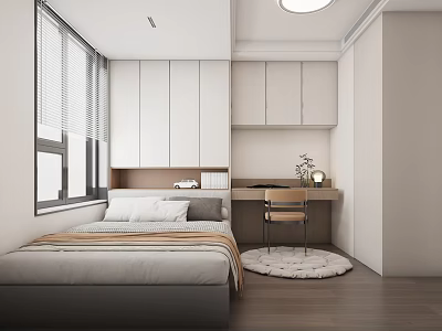 Tatami Bedroom Interior Design With Window White Cabinets Desk Chair And Soft Rug 3d model