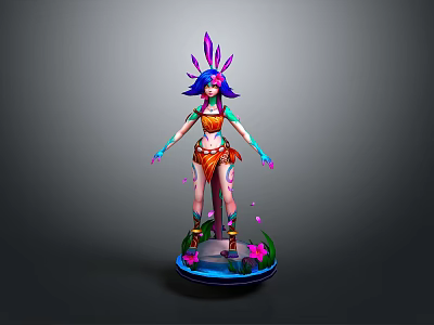 Colorful Animated Game Character With Blue Hair Purple Headdress Orange Outfit And Petal Base 3d model