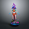 Colorful Animated Game Character With Blue Hair Purple Headdress Orange Outfit And Petal Base