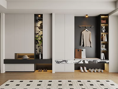 Modern Shoe Cabinet Interior Design With Hanging Clothes Storage Shelves And Bench Organizer 3d model